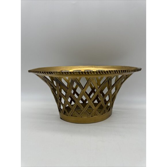 Vintage Brass Weave Lattice Basket Planter Fruit Bowl - Picture 1 of 13